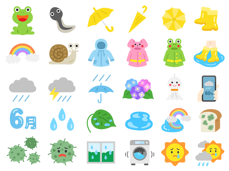 梅雨の30アイコンの無料イラストセット｜透過PNG・商用利用OK