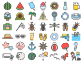 夏のアイコン（線画カラー）の無料イラスト42個セット｜透過PNG・商用利用OK