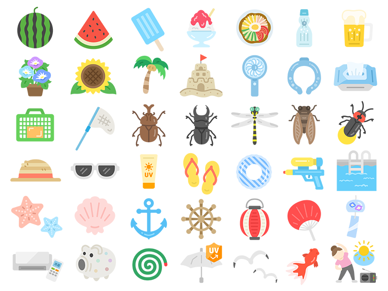 夏のアイコンの無料イラスト42個セット｜透過PNG・商用利用OK