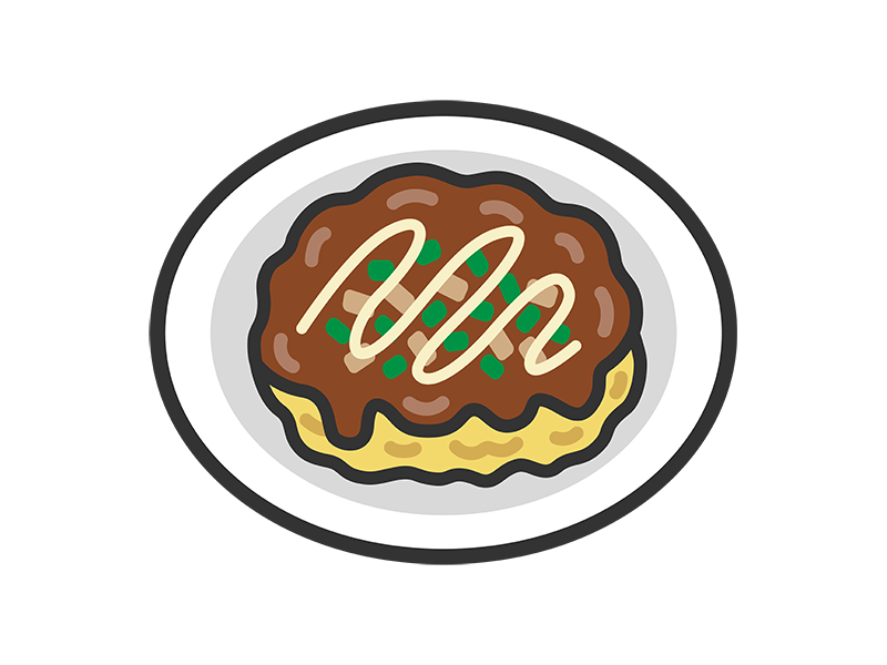 皿にのせた、お好み焼きのアイコン（線画カラー）の無料イラスト｜透過PNG・商用利用OK