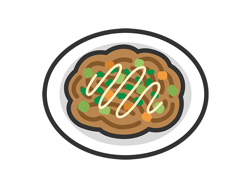 Free illustration of fried noodles icon (line drawing color) served on a plate with mayonnaise