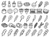 屋台グルメアイコン（線画）の無料イラスト40個セット｜透過PNG・商用利用OK