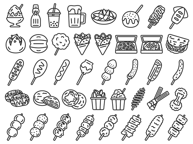 屋台グルメアイコン（線画）の無料イラスト40個セット｜透過PNG・商用利用OK