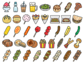屋台グルメアイコン（線画カラー）の無料イラスト40個セット｜透過PNG・商用利用OK