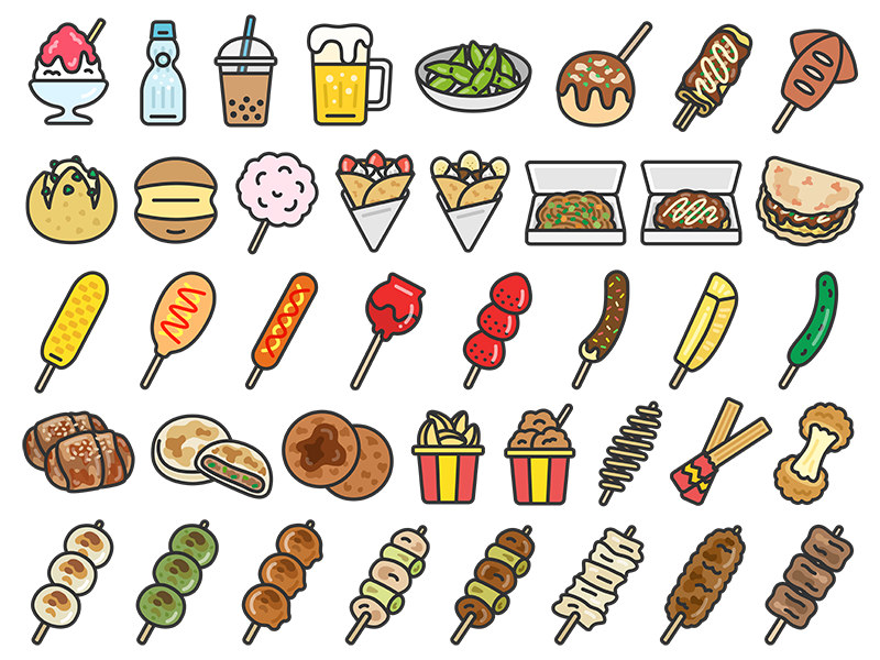 屋台グルメアイコン（線画カラー）の無料イラスト40個セット｜透過PNG・商用利用OK