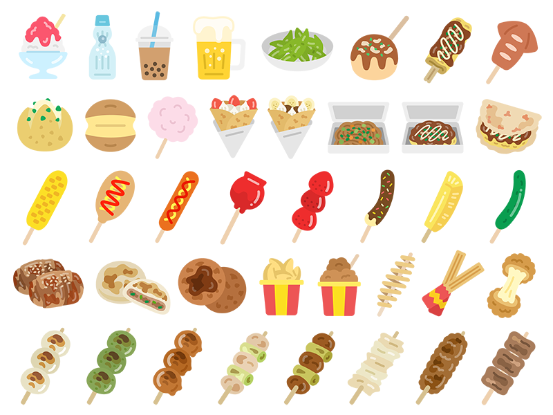 屋台グルメアイコンの無料イラスト40個セット｜透過PNG・商用利用OK