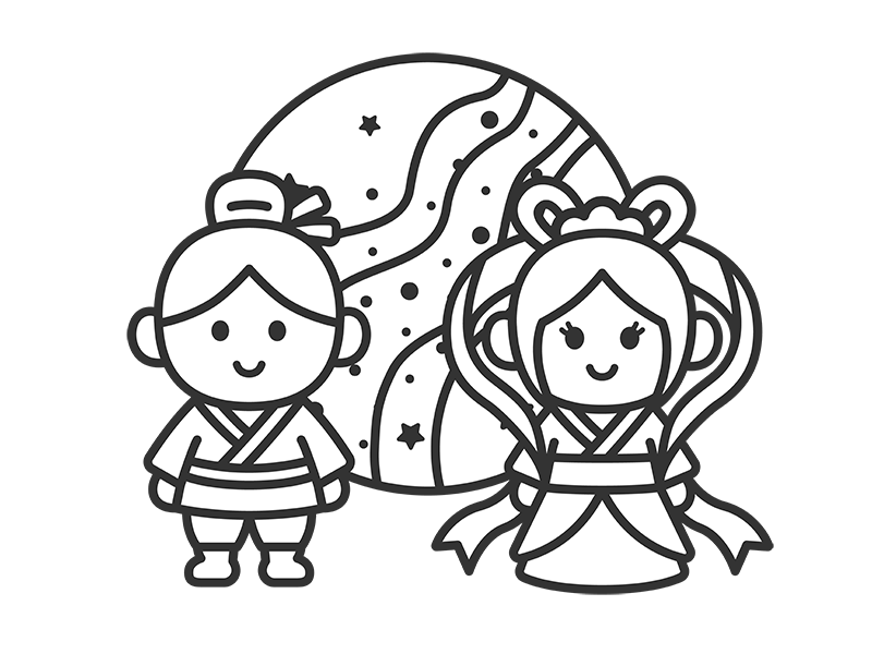 織姫と彦星のキャラクターのアイコン（線画）の無料イラスト｜透過PNG・商用利用OK
