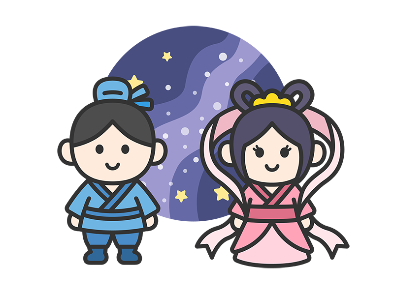 織姫と彦星のキャラクターのアイコン（線画カラー）の無料イラスト｜透過PNG・商用利用OK