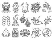 いろいろな、七夕のアイコン（線画）の無料イラストセット｜透過PNG・商用利用OK