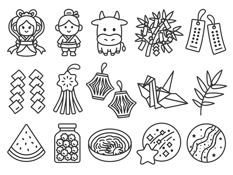 いろいろな、七夕のアイコン（線画）の無料イラストセット｜透過PNG・商用利用OK