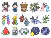 いろいろな、七夕のアイコン（線画カラー）の無料イラストセット｜透過PNG・商用利用OK