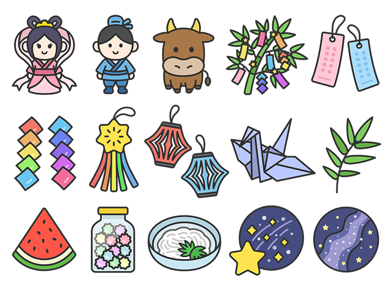 いろいろな、七夕のアイコン（線画カラー）の無料イラストセット｜透過PNG・商用利用OK