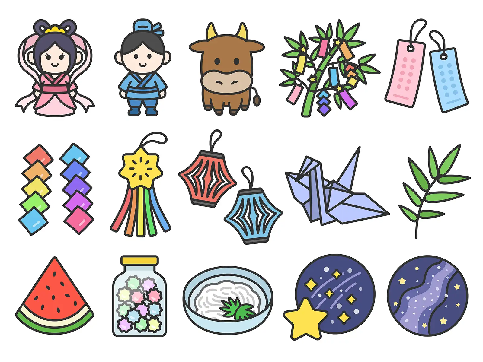 無料でダウンロードできる、いろいろな七夕のアイコンイラストセット(商用利用可能・フリー素材)