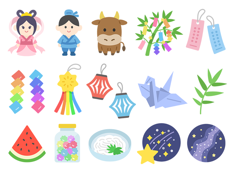 いろいろな、七夕のアイコンの無料イラストセット｜透過PNG・商用利用OK