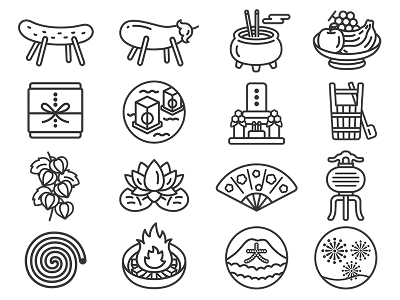 Free illustration set of various Obon-related icons (line drawings)