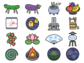 いろいろな、お盆関連のアイコン（線画カラー）の無料イラストセット｜透過PNG・商用利用OK