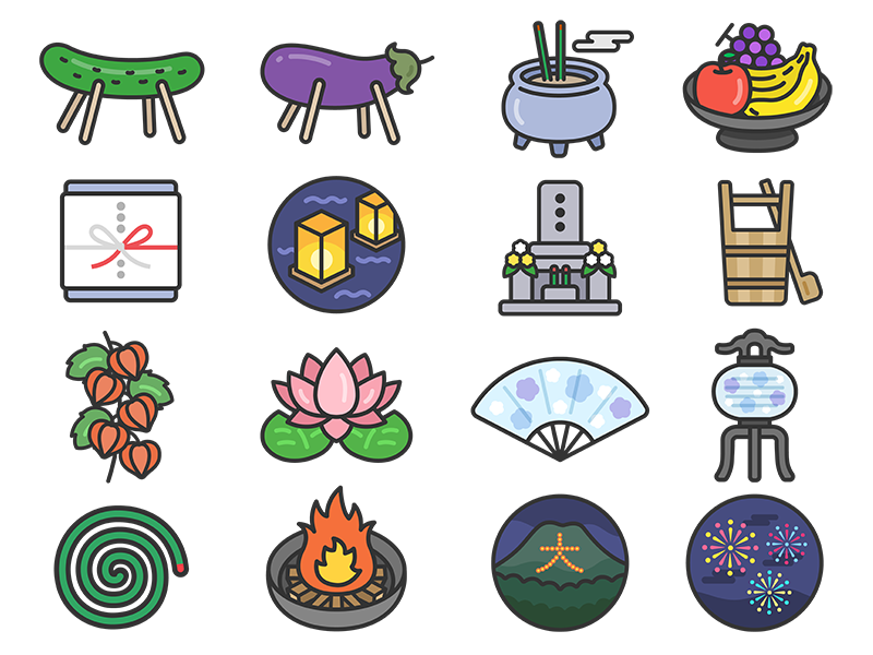 Free illustration set of various Obon-related icons (line drawing color)