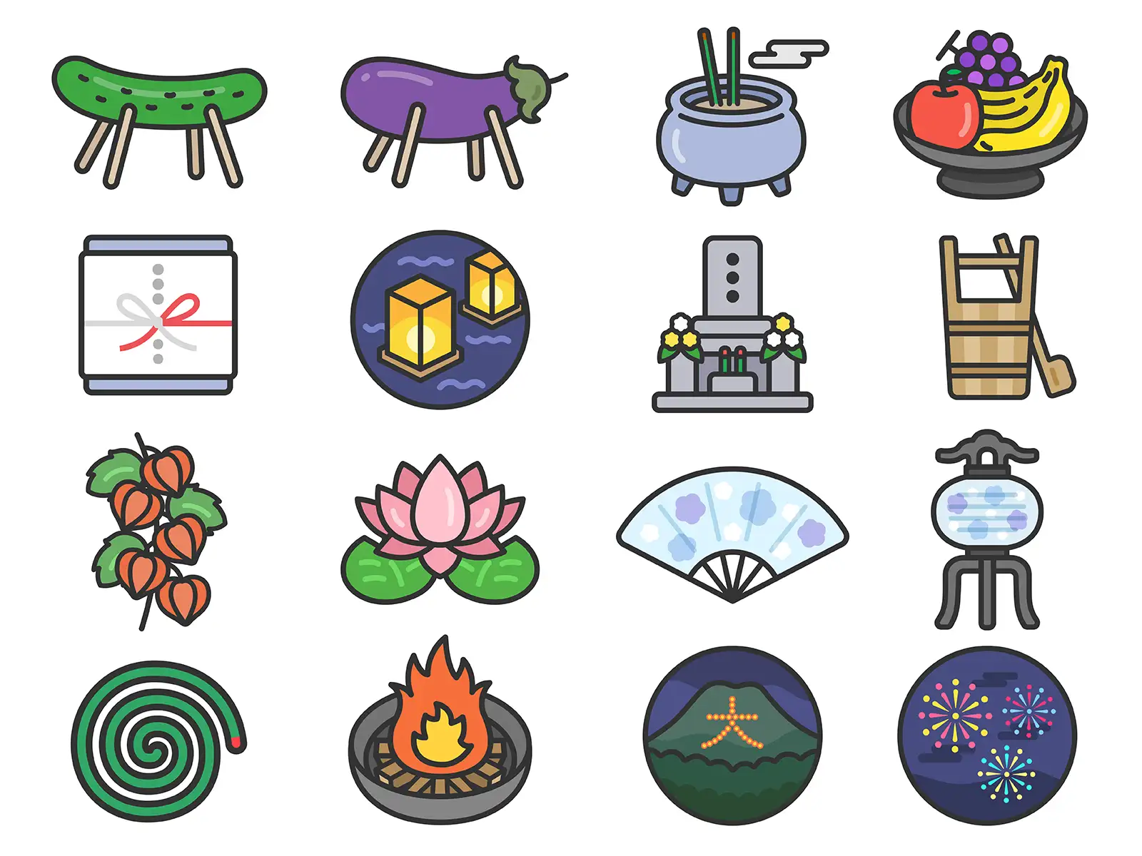 無料でダウンロードできる、お盆シーズンのアイコンイラストセット（商用利用可能・フリー素材）