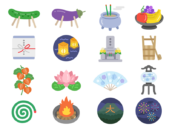 いろいろな、お盆関連のアイコンの無料イラストセット｜透過PNG・商用利用OK