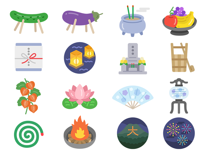 A free illustration set of various Obon-related icons.