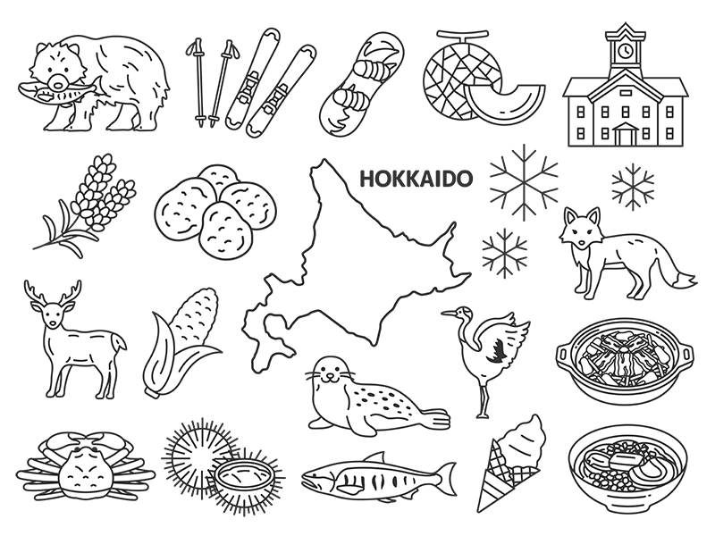 いろいろな、北海道名物（線画）の無料イラストセット｜透過PNG・商用利用OK