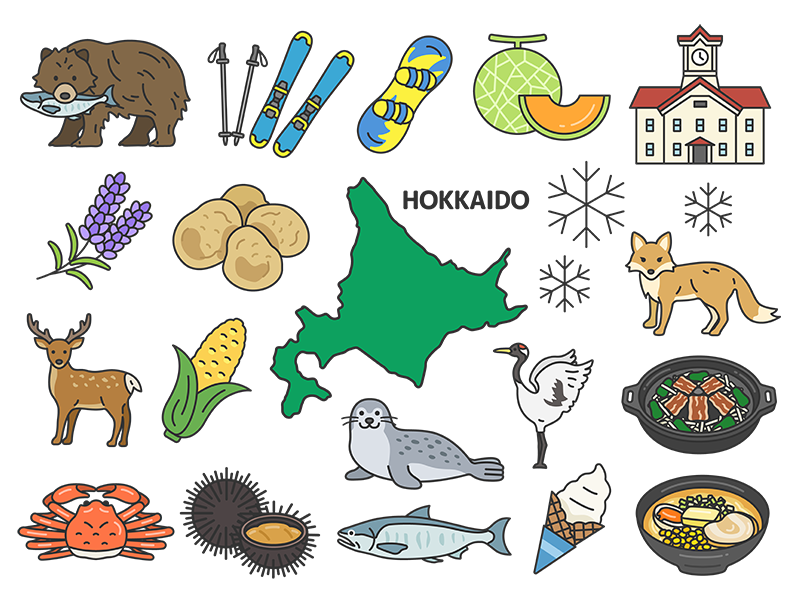 いろいろな、北海道名物（線画カラー）の無料イラストセット｜透過PNG・商用利用OK