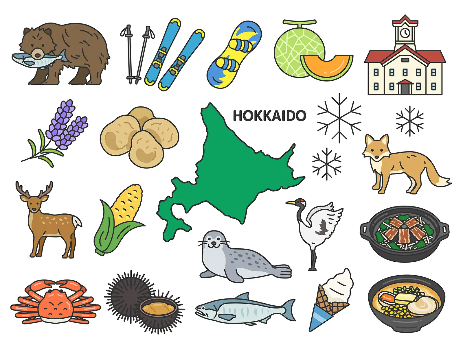 無料でダウンロードできる、北海道テーマのイラストセット【都道府県別シリーズ】(商用利用可能・フリー素材)